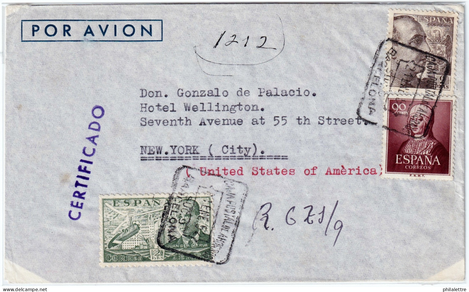 ESPAGNE / ESPAÑA - 1952 Ed.1094 90c Isabel La Católica (+ Ed.945, 1057) Sobre Carta Certificado Por Avion A Nueva York - Briefe U. Dokumente