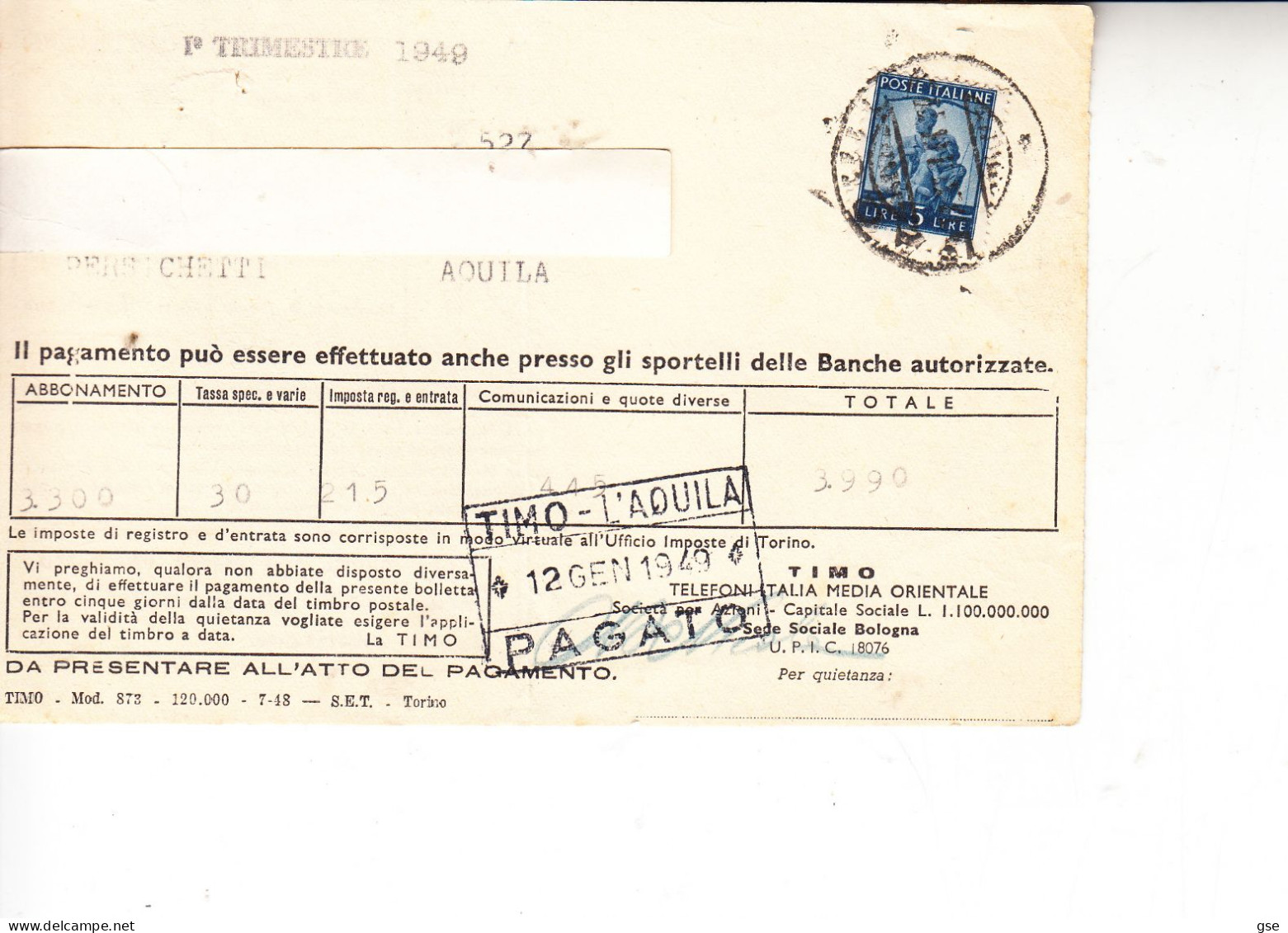 ITALIA  1949 - Ricevuta TIMO (telefonia) - 1946-60: Poststempel