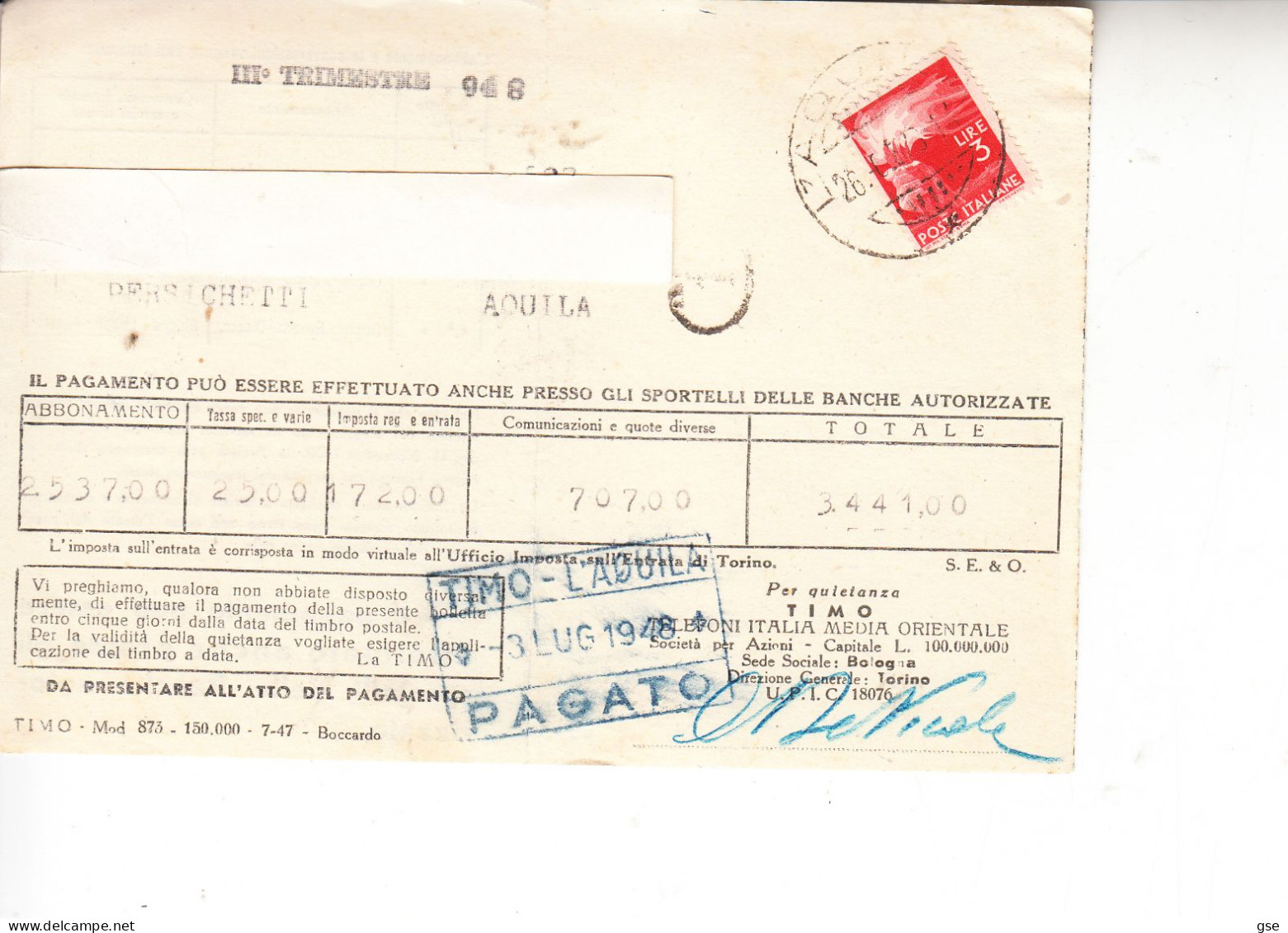 ITALIA  1948 - Ricevuta TIMO (telefonia) - 1946-60: Poststempel