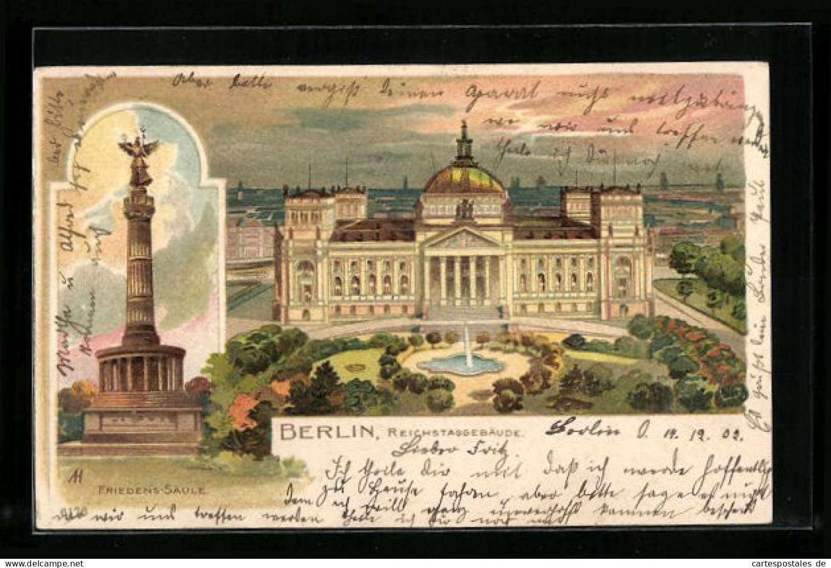 Lithographie Berlin-Tiergarten, Friedenssäule, Reichstagsgebäude  - Dierentuin