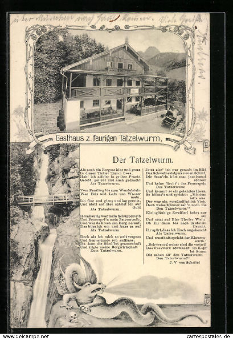 AK Oberaudorf, Gasthaus Zum Feurigen Tatzelwurm, Wasserfall, Gedicht Der Tatzelwurm  - Autres & Non Classés