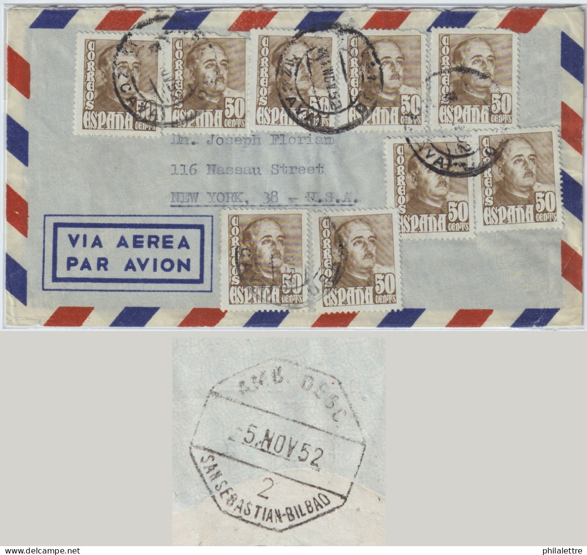 ESPAGNE / ESPAÑA - 1952 9x Ed.1022 En Carta Por Avion De Bilbao A Nueva York, EE.UU. (Matasello Ambulante Al Dorso) - Lettres & Documents