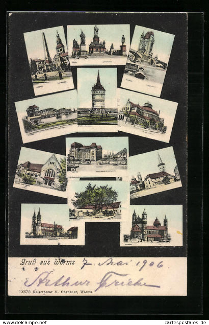 AK Worms, Ludwigs-Obelisk, Wasserturm, Liebfrauenkirche  - Worms