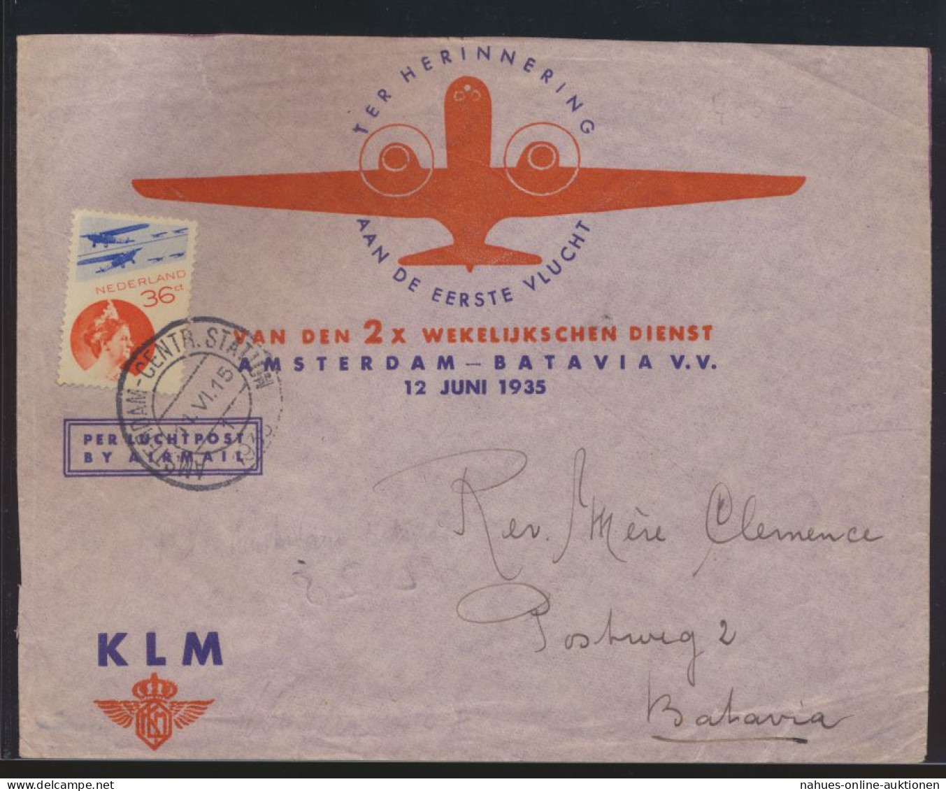 Flugpost Air Mail Niederlande Dekorativer Brief Amsterdam Batavia Ostindien - Vliegtuigen