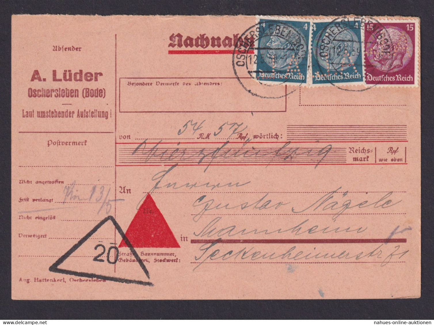 Briefmarken Perfin Lochung Deutsches Reich Brief Nachnahme Hindenburg Perfin - Lettres & Documents