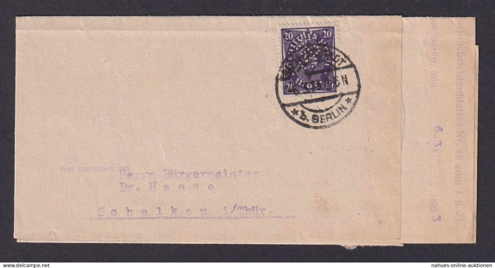 Briefmarken Perfin Lochung Deutsches Reich Infla Brief EF 20 M Posthon - Lettres & Documents