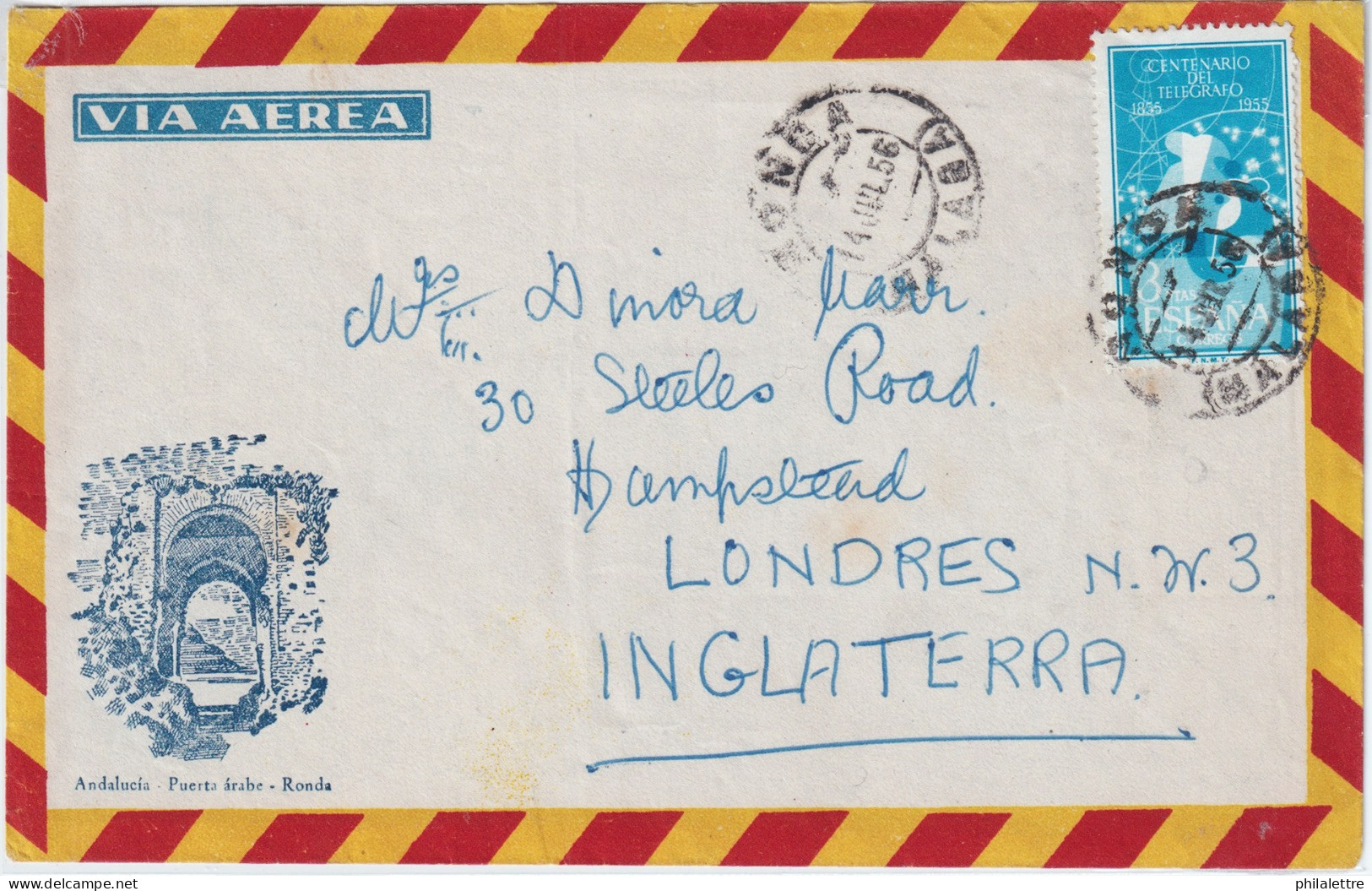 ESPAGNE / ESPAÑA - 1955 Ed.1182 3P Azul Centenario Del Telégrafo Sobre Carta Via Aerea De RONDA A LONDRES, Inglaterra - Covers & Documents