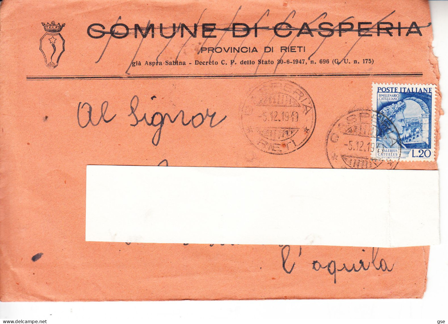 ITALIA  1949 - Lettera   - Catullo - Storia Romana - 1946-60: Storia Postale