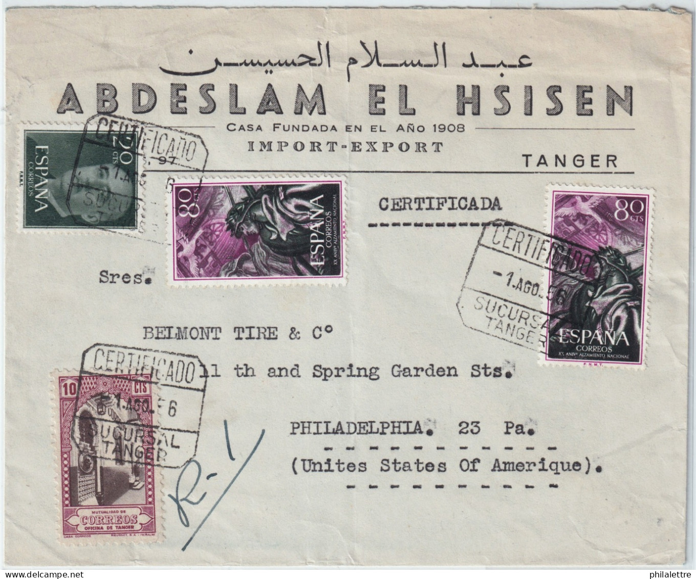 ESPAGNE / ESPAÑA (Marruecos) 1956 2xEd.1189 (y Ed.1145) Y Sello Mutualidad De Correos Sobre Carta De TANGER à Los EE.UU. - Lettres & Documents