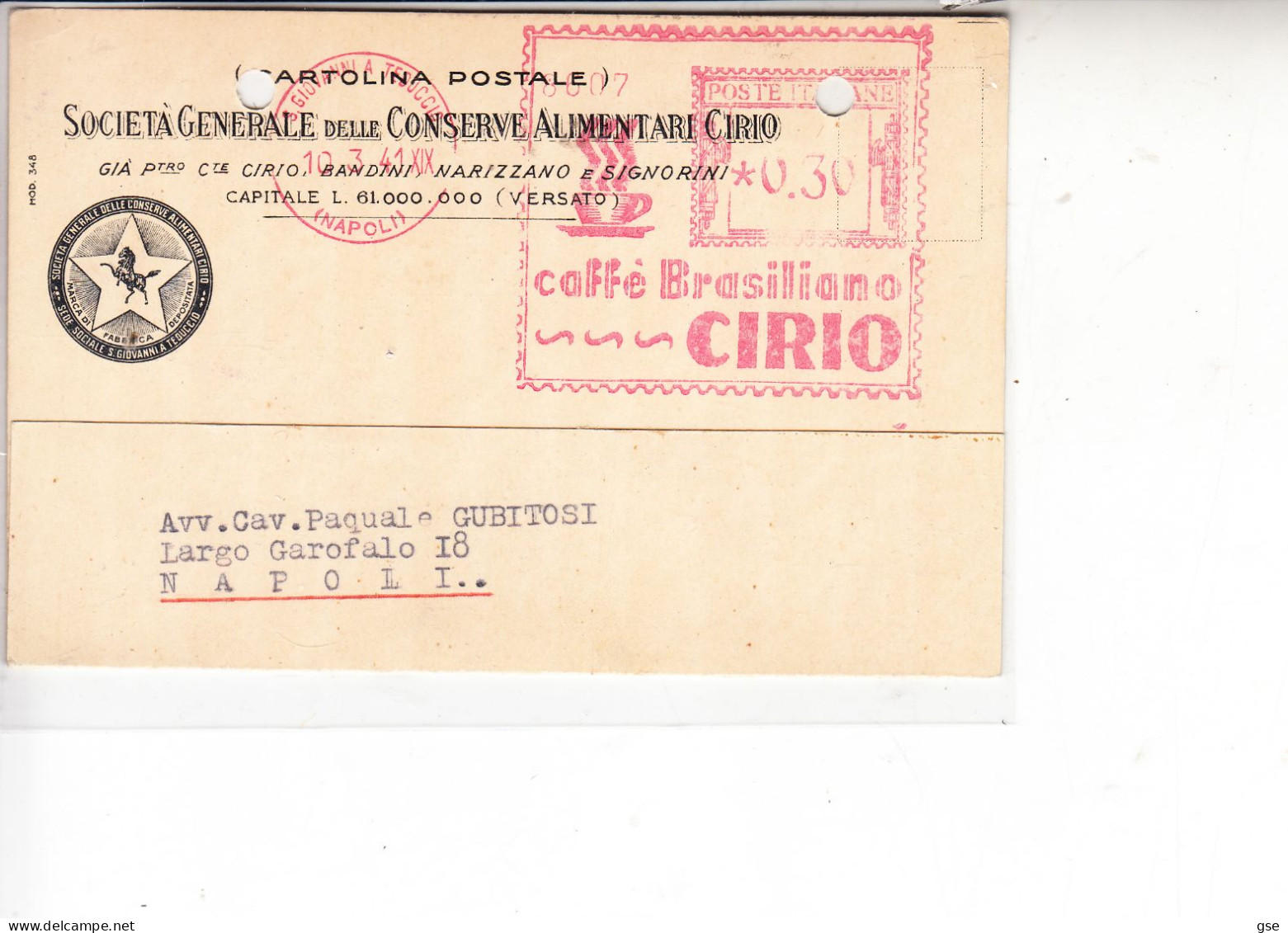 ITALIA  1941 - Cartolina Privata Con Pubblicità CIRIO - Caffè Brasiliano - Storia Postale