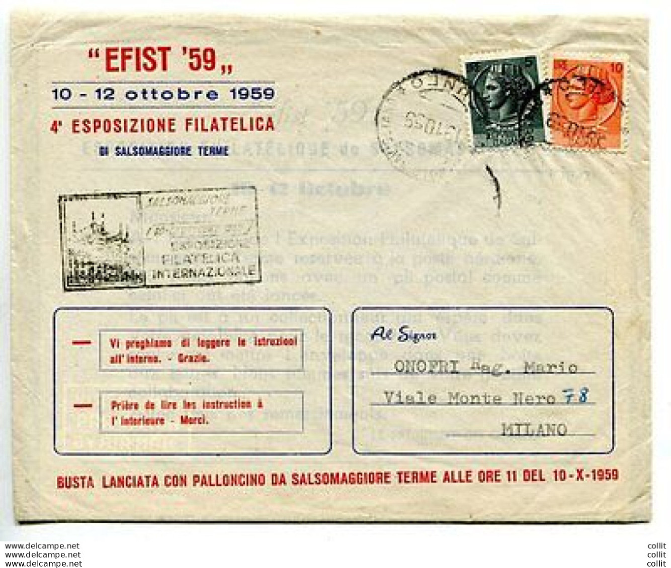 EFIST '59 - Busta Lanciata Con Palloncino - 1946-60: Storia Postale