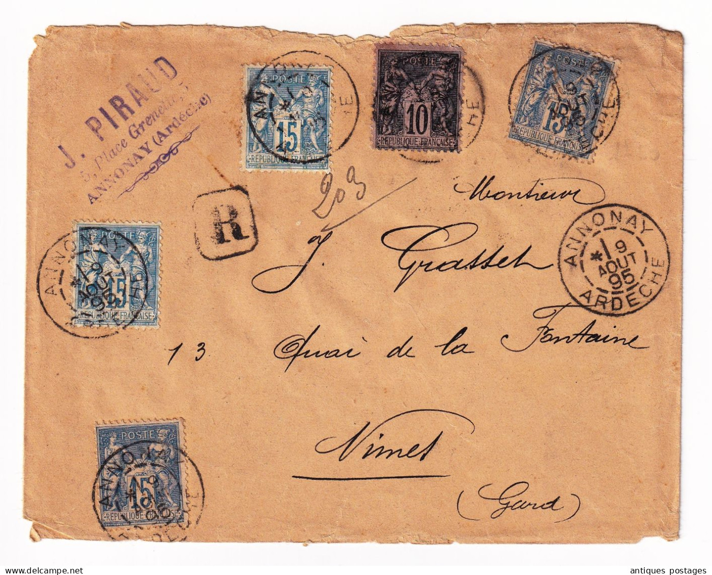 Lettre 1895 Annonay Ardèche Piraud 1895 Pour Nîmes Gard Type Sage - 1876-1898 Sage (Tipo II)