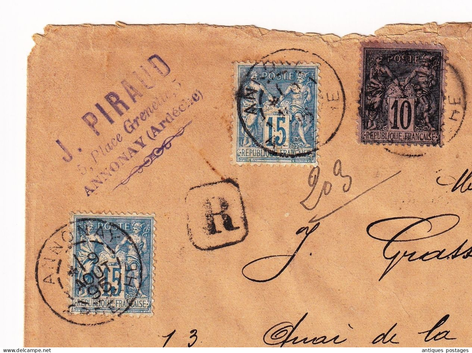 Lettre 1895 Annonay Ardèche Piraud 1895 Pour Nîmes Gard Type Sage - 1876-1898 Sage (Tipo II)