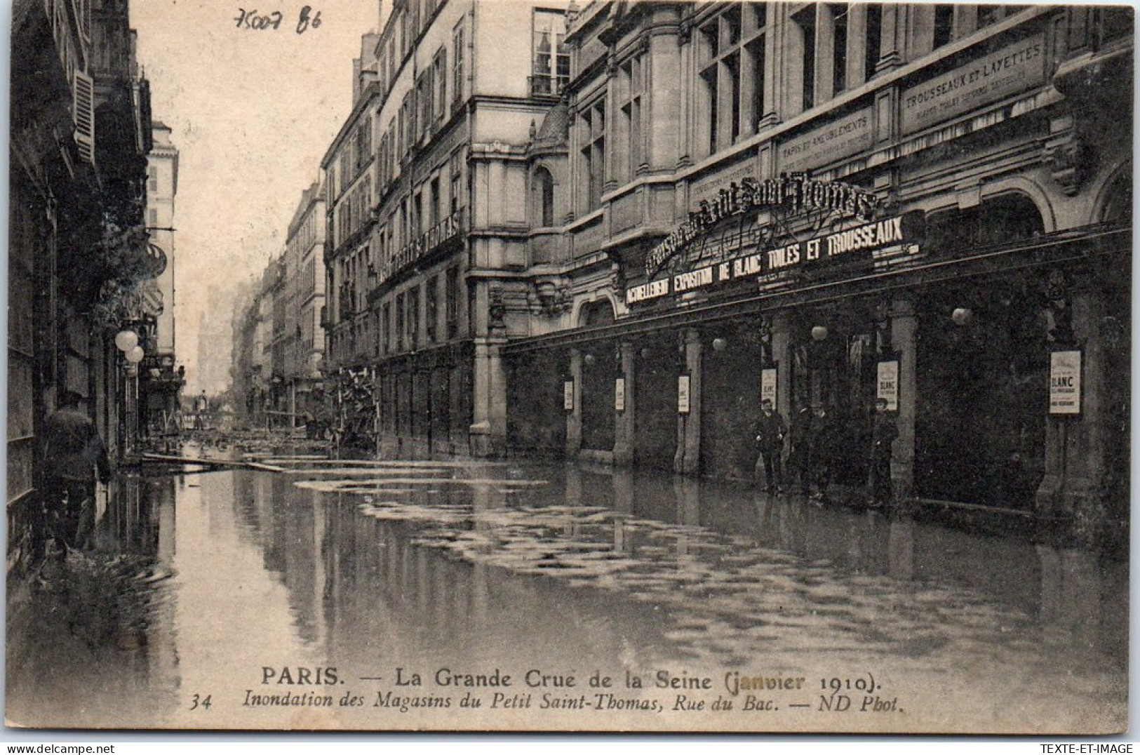 75007 PARIS - Crue De 1910 - Un Coin De La Rue Du Bac - Arrondissement: 07