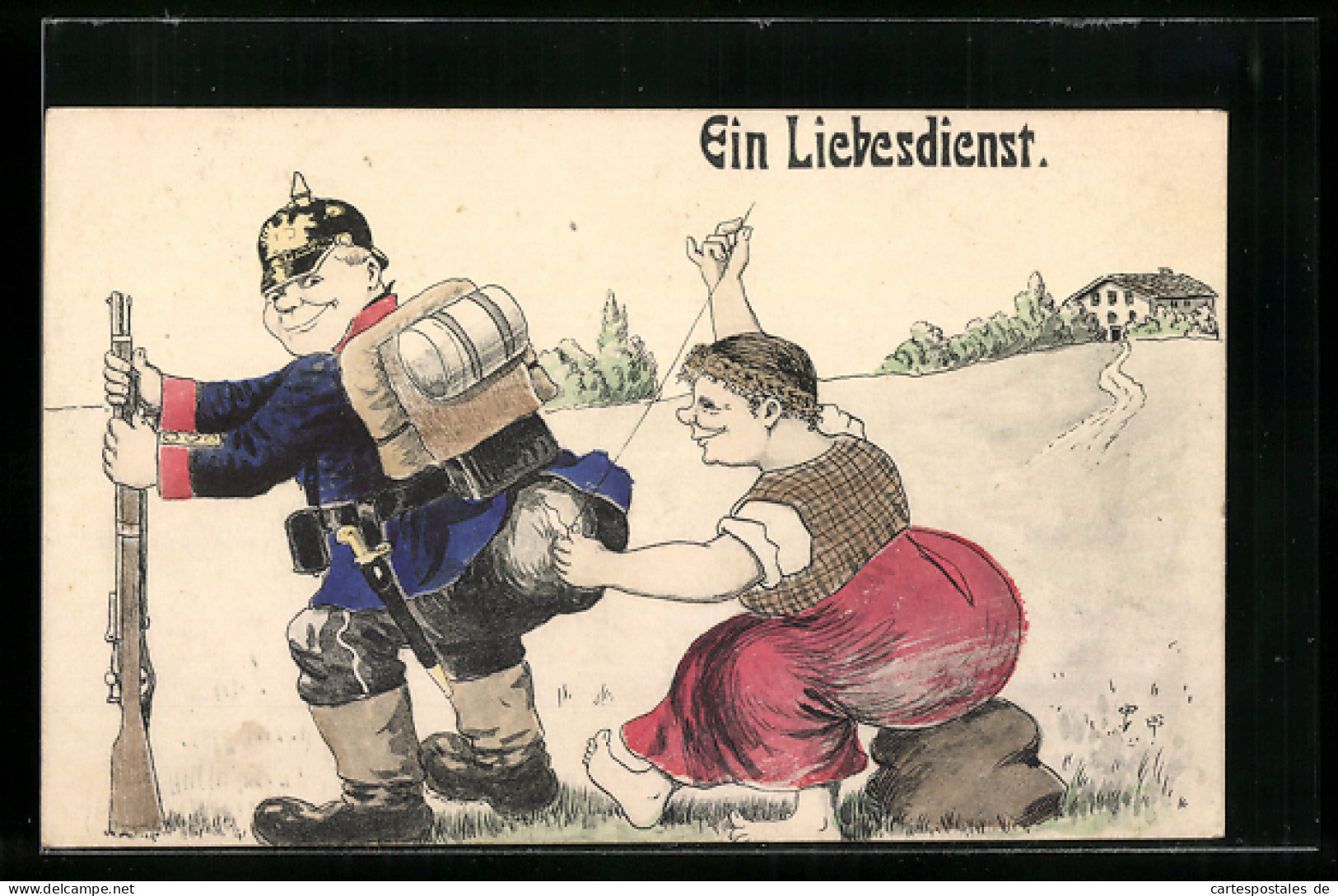 Künstler-AK Ein Liebesdienst, Soldatenliebe  - Weltkrieg 1914-18