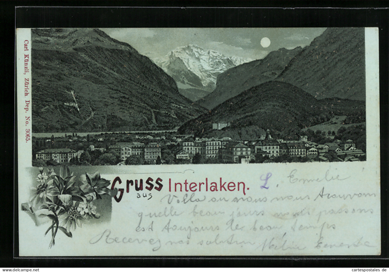 Mondschein-Lithographie Interlaken, Totalansicht Mit Blumenmotiv  - Interlaken