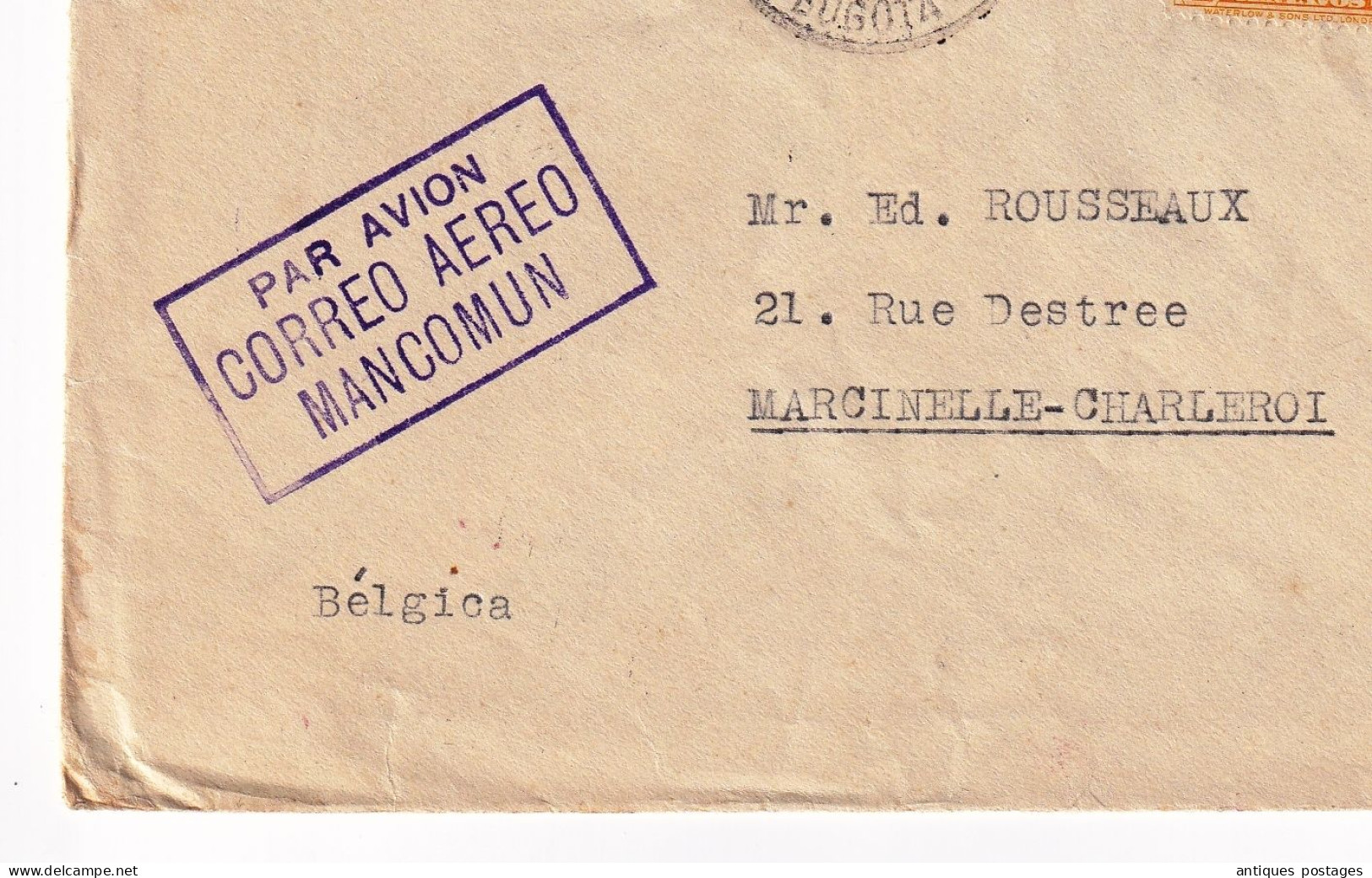 Lettre Bogota 1934 Colombie Colombia Correo Aereo Mancomun Barranquilla Marcinelle Belgique Par Avion - Colombie