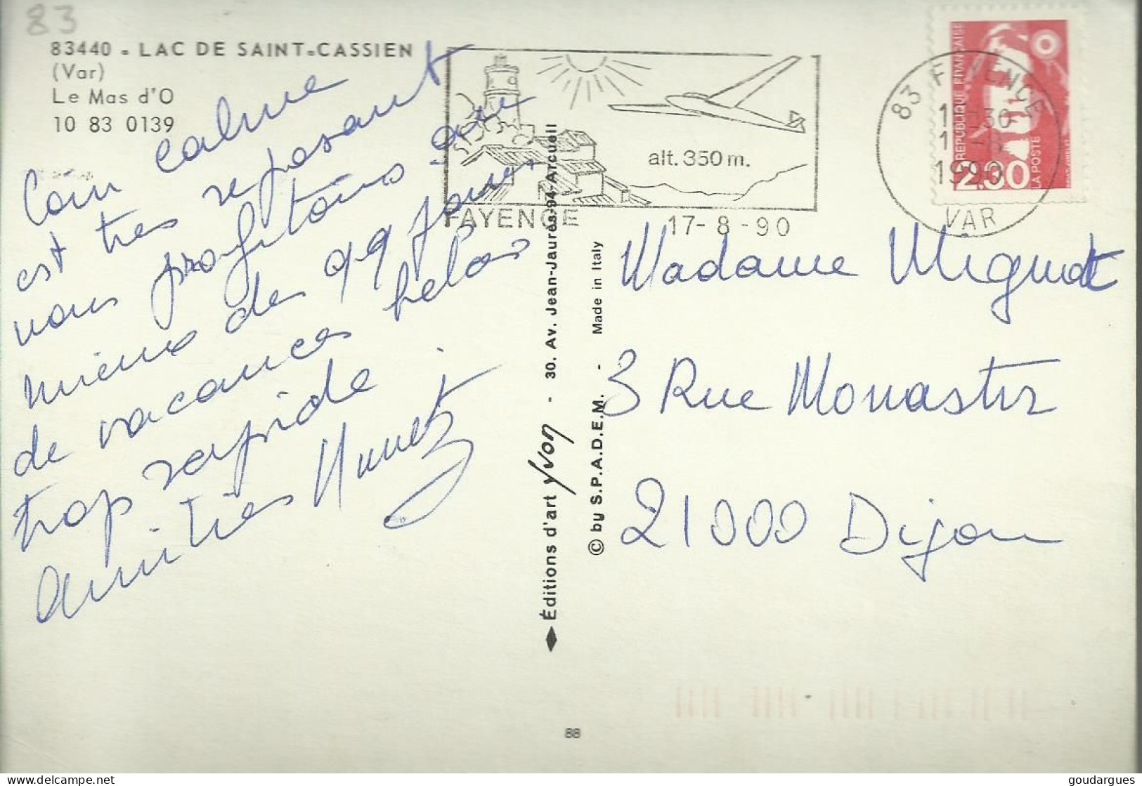 Le Lac De Saint-Cassien - Le Mas D'O - Flamme Datée De Fayence 17-8-90 - (P) - Autres & Non Classés