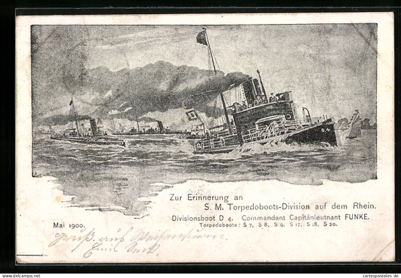 Lithographie Erinnerung An S. M. Torpedoboots-Division A.d. Rhein, Divisionsboot D 4, Kommandant Kapitänleutnant Funk  - Krieg