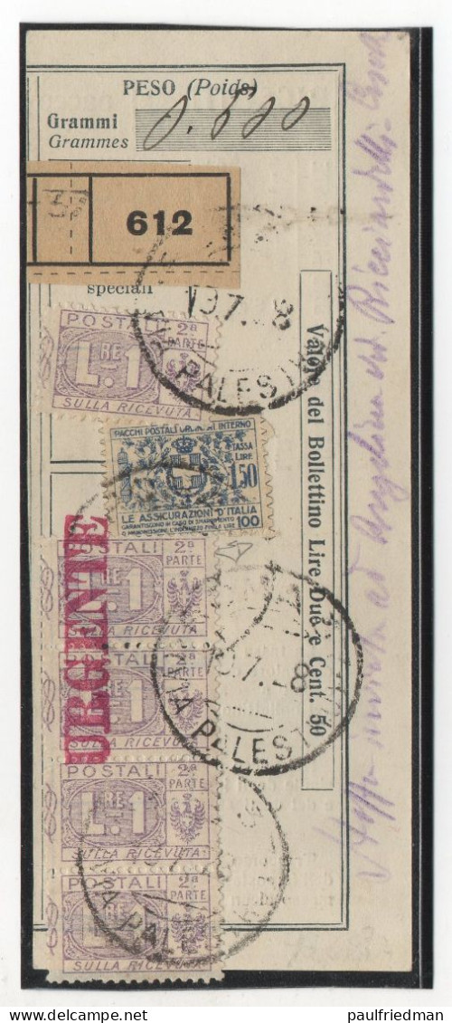 Regno 1926 - Ricevuta Pacchi Urgente Del 1928 Con Assicurativo L. 1,50 - Paketmarken