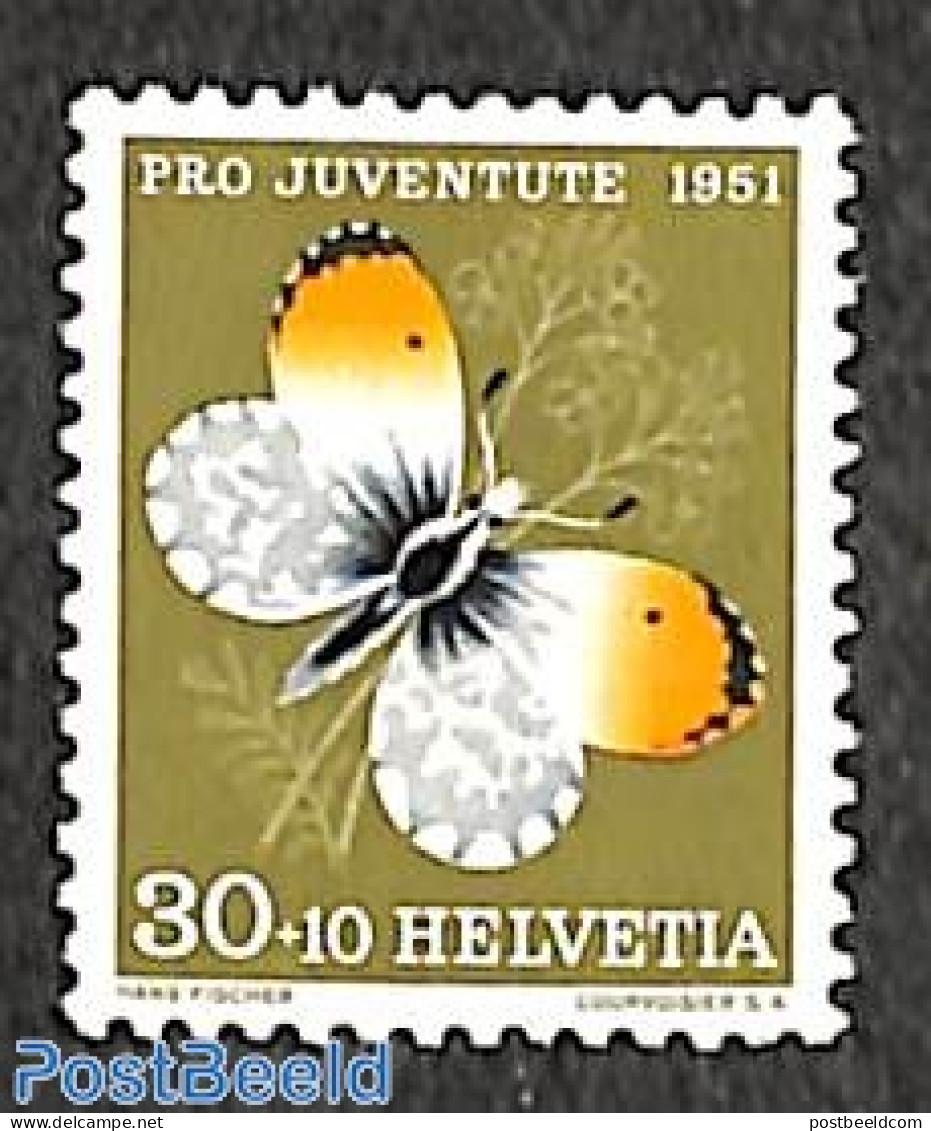 Switzerland 1951 30+10c, Stamp Out Of Set, Mint NH, Nature - Butterflies - Neufs