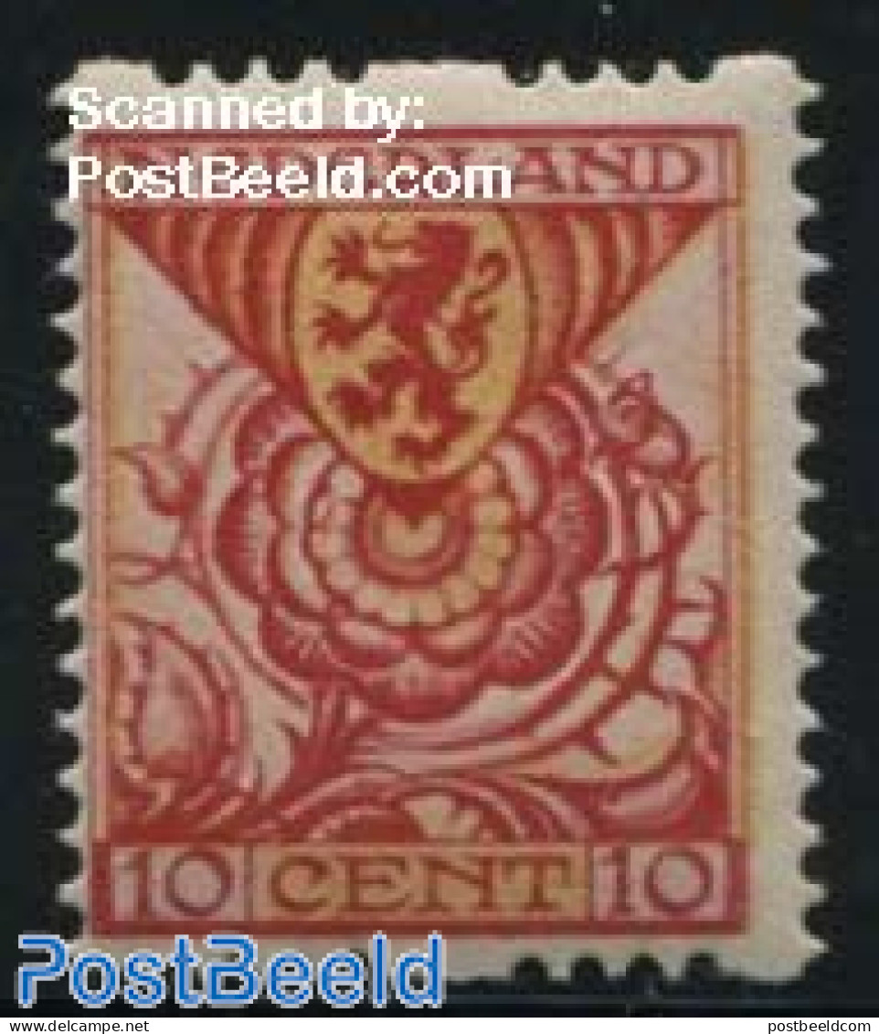 Netherlands 1925 10c, Sync. Perf., Stamp Out Of Set, Unused (hinged), History - Nature - Coat Of Arms - Flowers & Plants - Unused Stamps