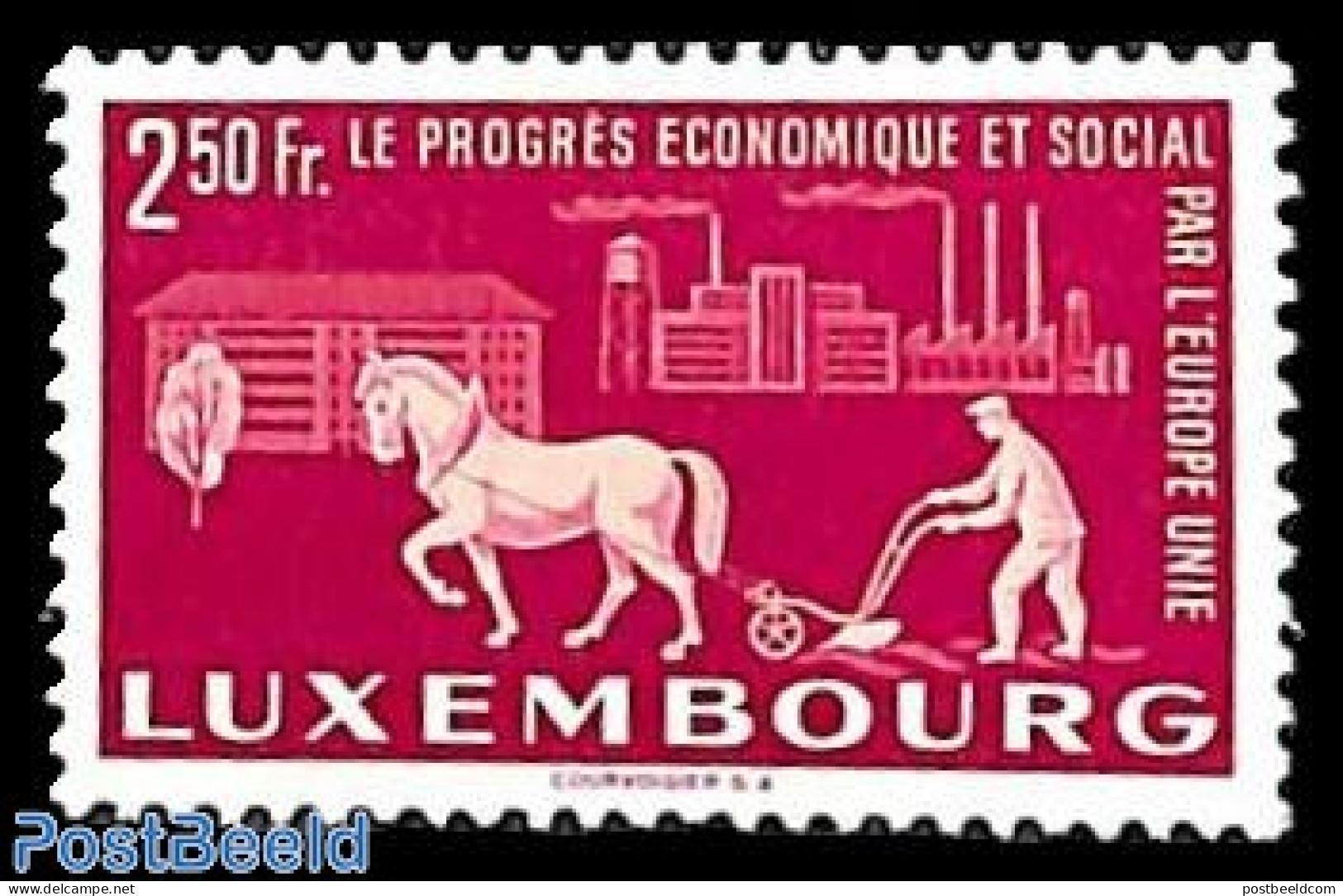 Luxemburg 1951 2.50Fr, Stamp Out Of Set, Mint NH, Nature - Various - Horses - Agriculture - Ongebruikt