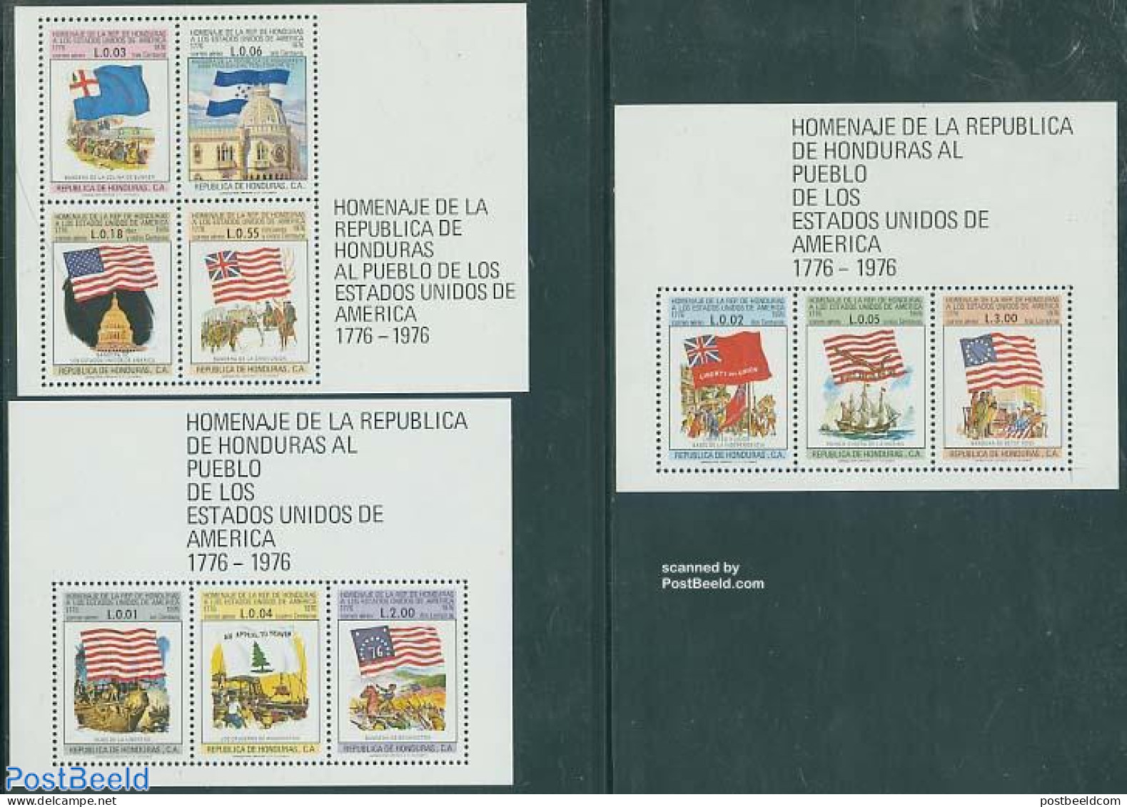 Honduras 1976 US Independence 3 S/s, Mint NH, History - Transport - Flags - History - US Bicentenary - Ships And Boats - Boten