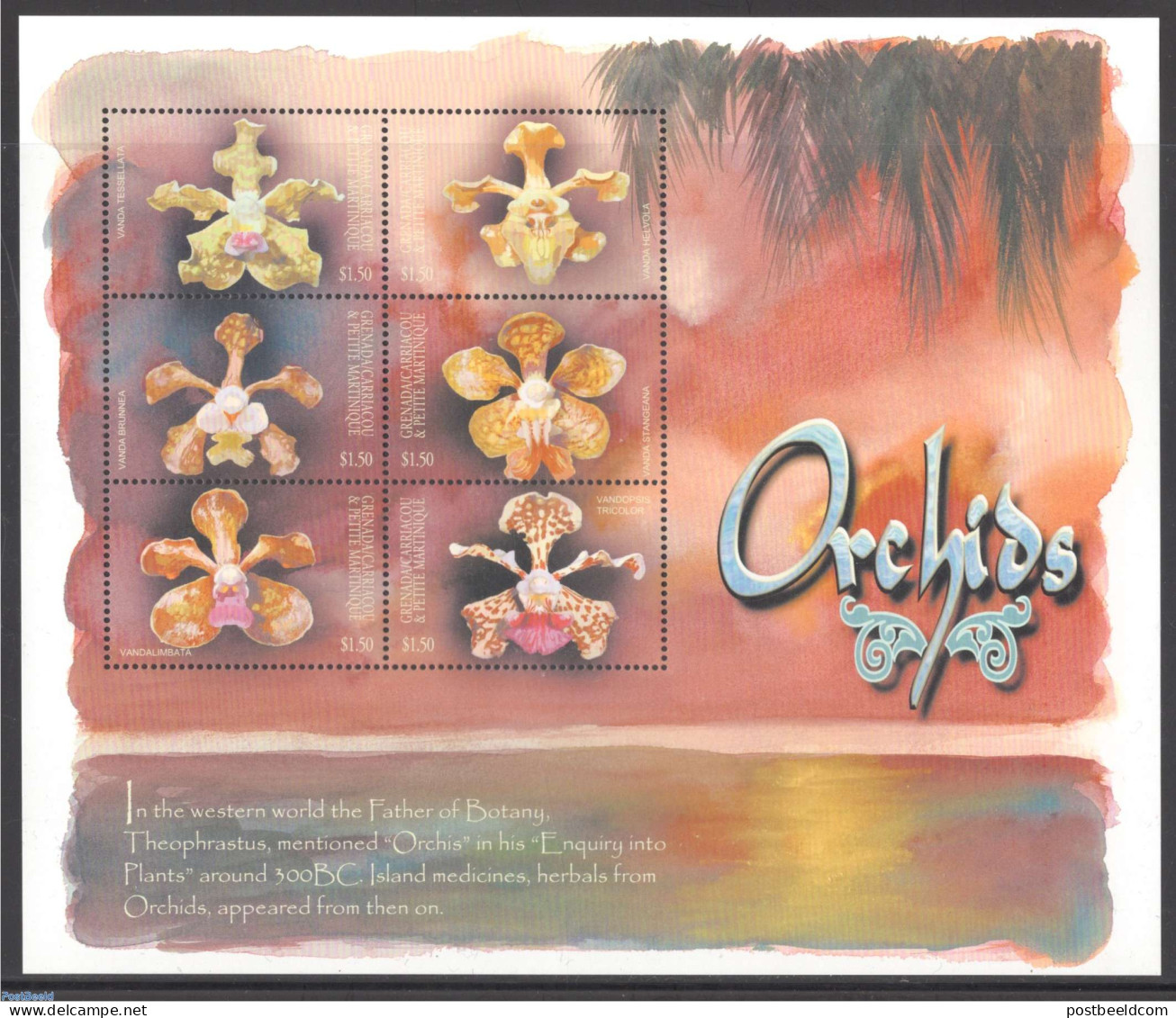 Grenada Grenadines 2001 Orchids 6v M/s, Vanda Tessellata, Mint NH, Nature - Flowers & Plants - Orchids - Grenade (1974-...)