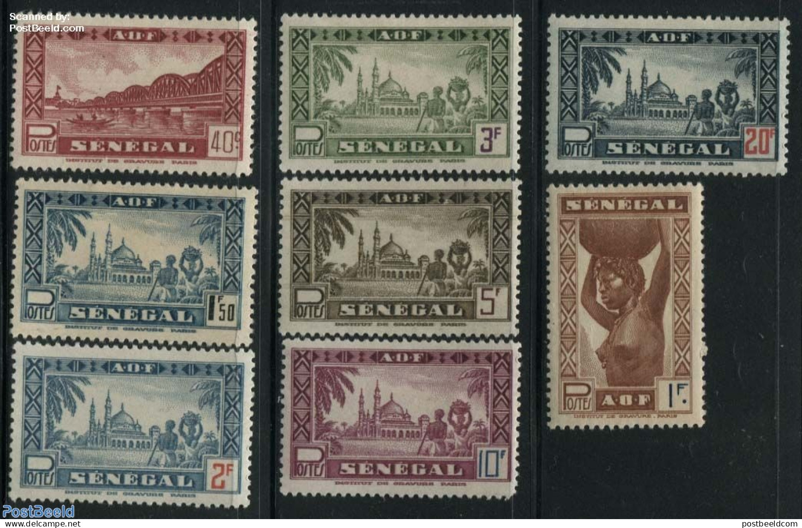Senegal 1943 Definitives 8v, Mint NH, History - Religion - Churches, Temples, Mosques, Synagogues - Art - Bridges And .. - Churches & Cathedrals