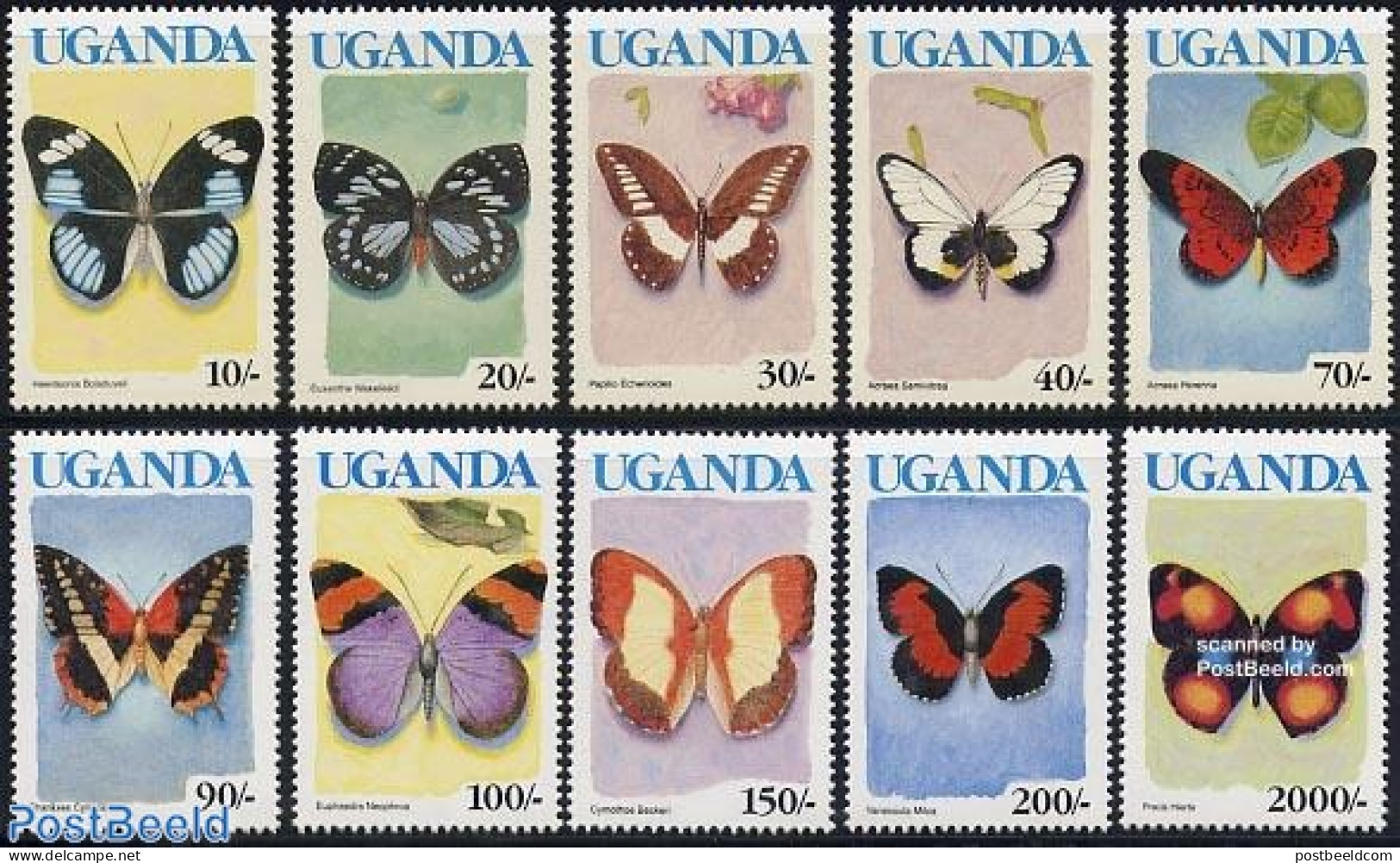 Uganda 1990 Butterflies 10v (blue UGANDA, No Year), Mint NH, Nature - Butterflies - Other & Unclassified