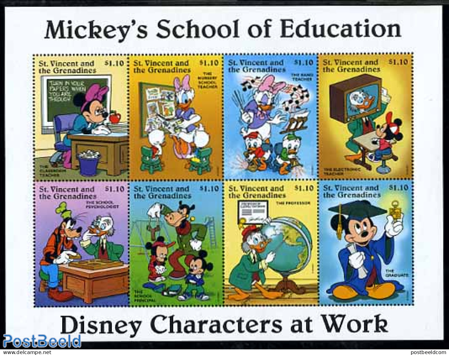 Saint Vincent 1996 Disney, Teachers 9v M/s, Mint NH, Science - Various - Education - Maps - Art - Disney - Geographie