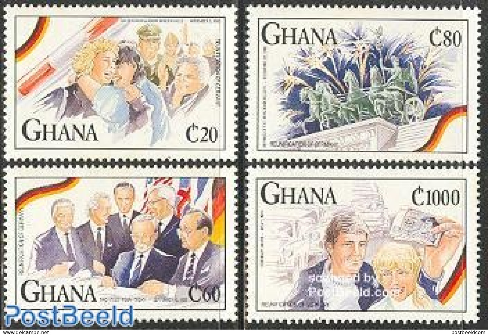 Ghana 1992 Germany Unification 4v, Mint NH, History - Transport - Various - Germans - Automobiles - Money On Stamps - .. - Cars