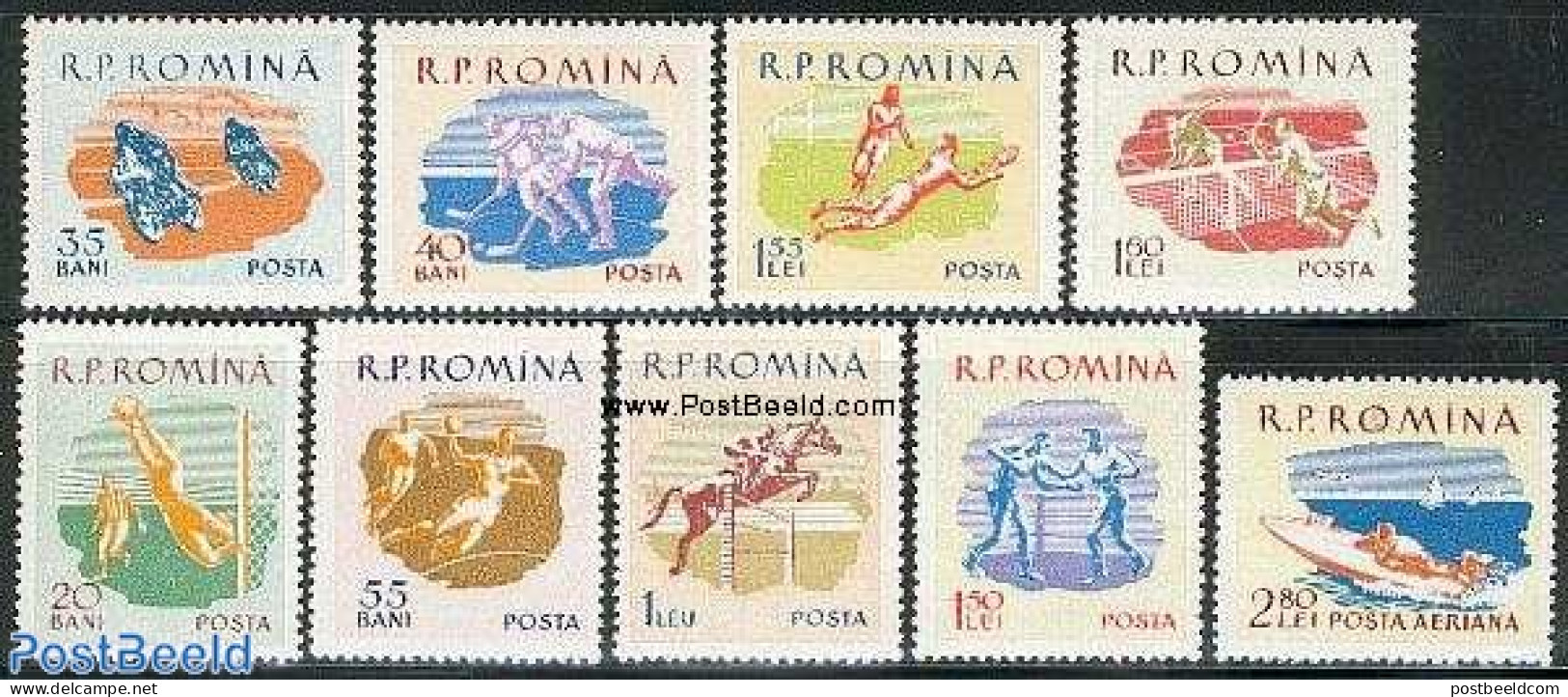 Romania 1959 Sports 9v, Mint NH, Nature - Sport - Transport - Horses - Boxing - Football - Ice Hockey - Rugby - Sport .. - Unused Stamps