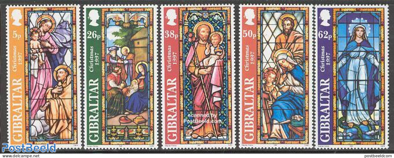 Gibraltar 1997 Christmas, Windows 5v, Mint NH, Religion - Christmas - Art - Stained Glass And Windows - Christmas