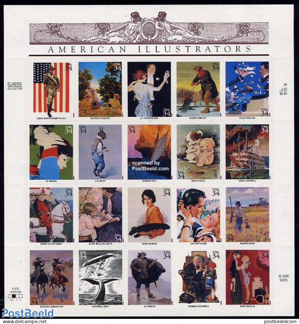 United States Of America 2001 Illustrators 20v M/s, Mint NH, Nature - Transport - Horses - Rabbits / Hares - Sea Mamma.. - Neufs