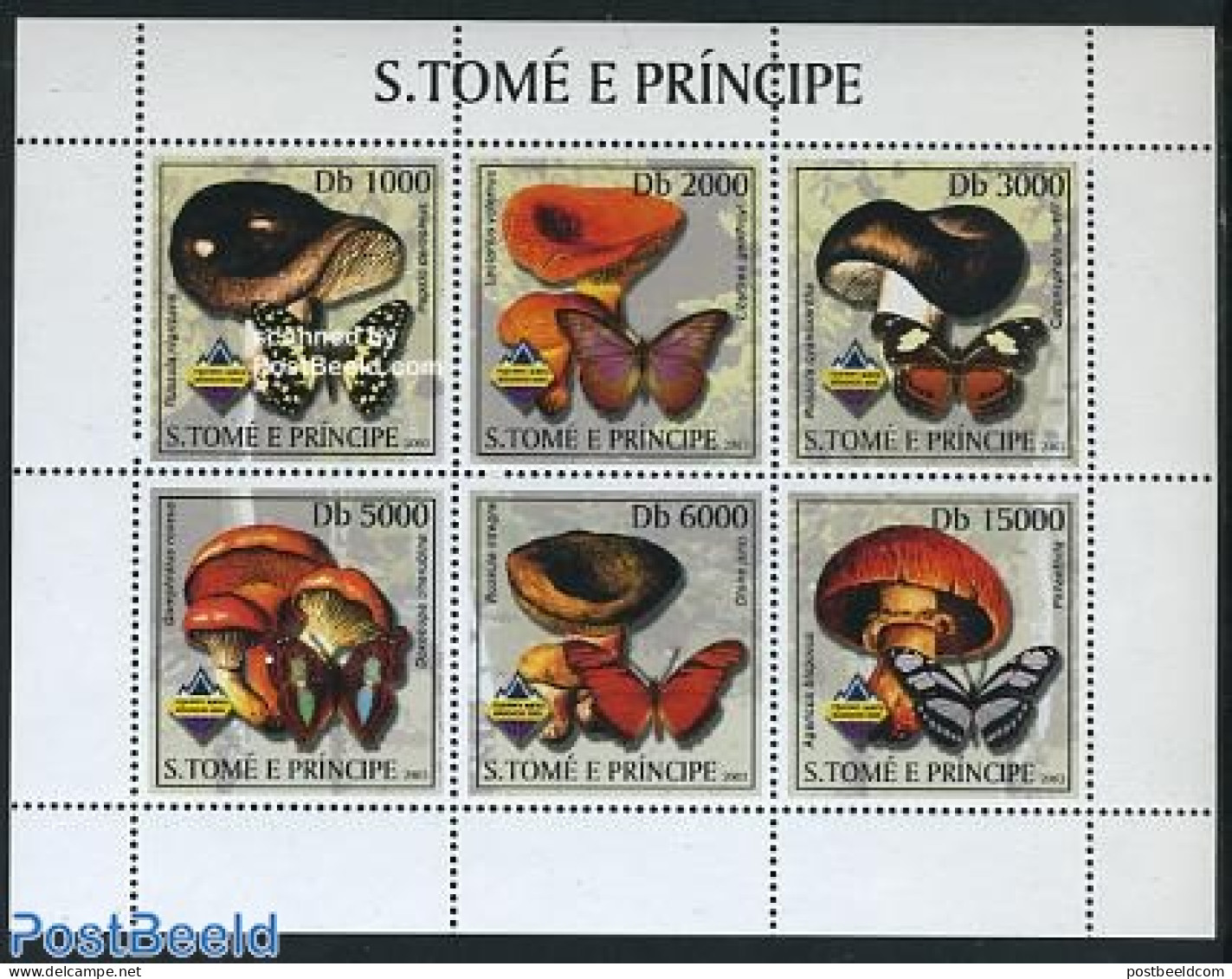 Sao Tome/Principe 2003 Mushrooms, Butterflies 6v M/s, Mint NH, Nature - Butterflies - Mushrooms - Hongos