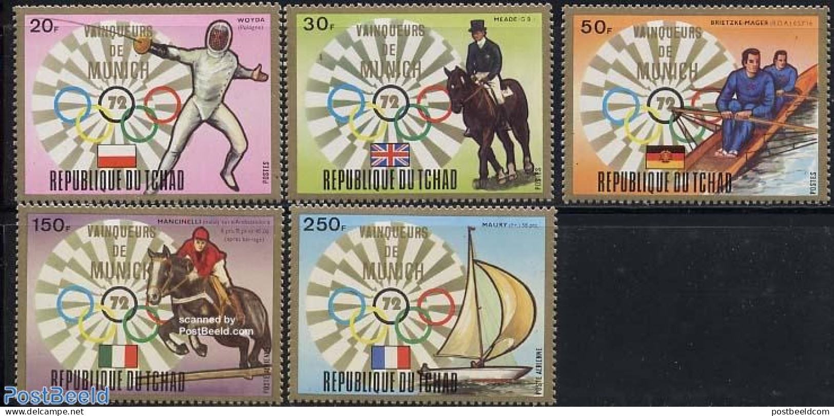 Chad 1972 Munich Olympic Winners 5v, Mint NH, Nature - Sport - Horses - Fencing - Kayaks & Rowing - Olympic Games - Sa.. - Other & Unclassified