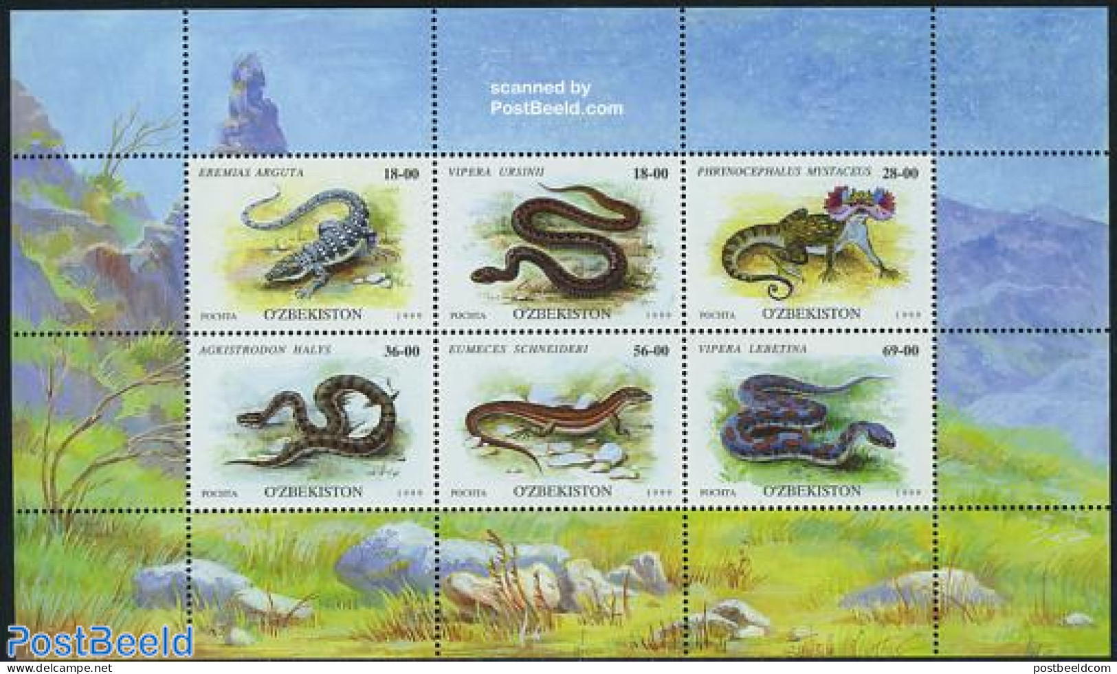 Uzbekistan 1999 Reptiles 6v M/s, Mint NH, Nature - Reptiles - Snakes - Uzbekistan