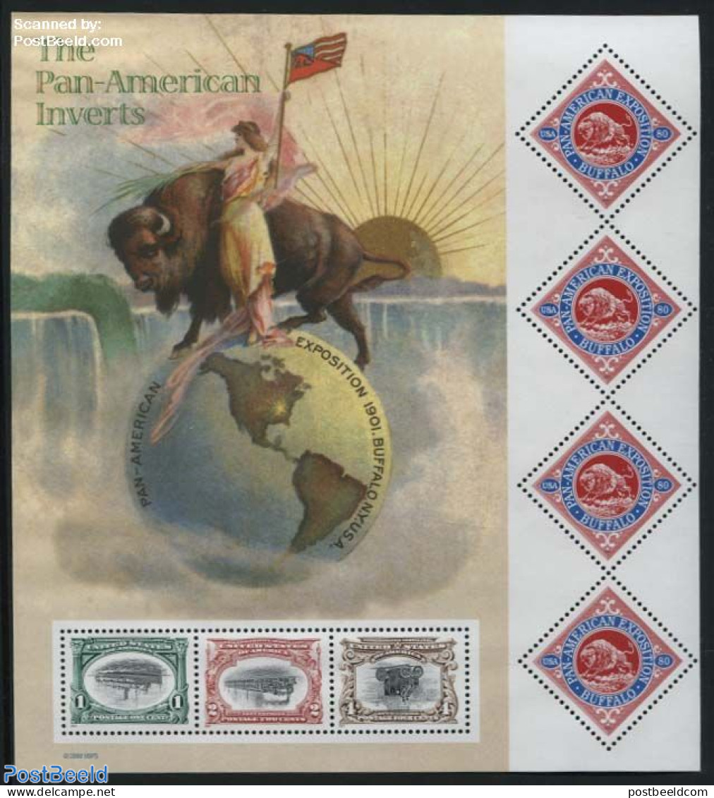 United States Of America 2001 Pan American Inverts S/s, Mint NH, Nature - Transport - Cattle - Stamps On Stamps - Rail.. - Unused Stamps