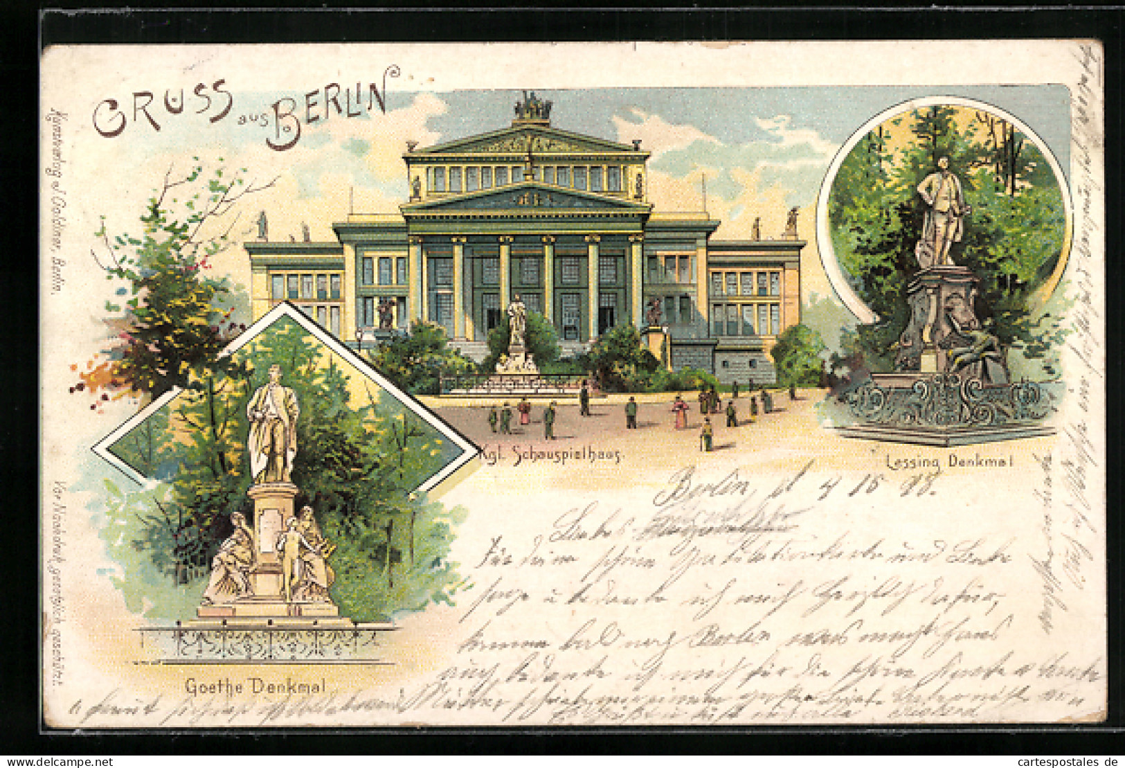 Lithographie Berlin, Gendarmenmarkt, Kgl. Schauspielhaus, Goethe Denkmal, Lessing Denkmal  - Mitte