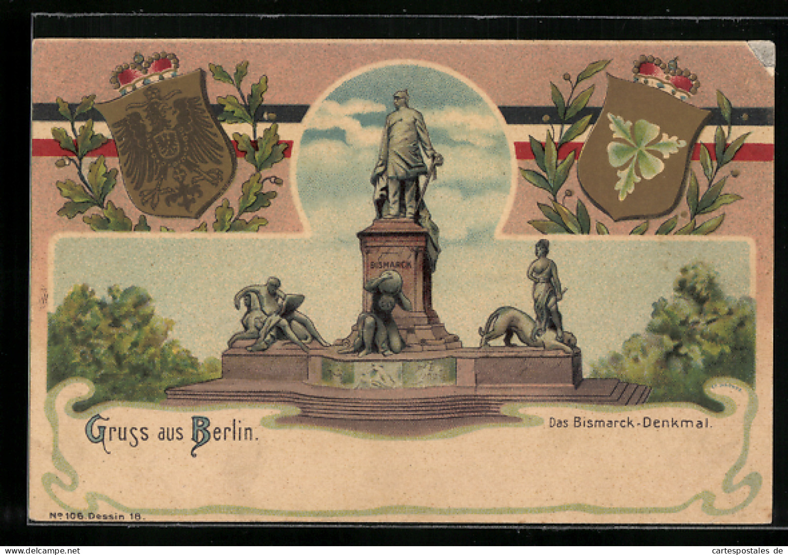 Lithographie Berlin, Wappen Mit Portrait Bismarcks, Partie Am Bismarckdenkmal  - Tiergarten