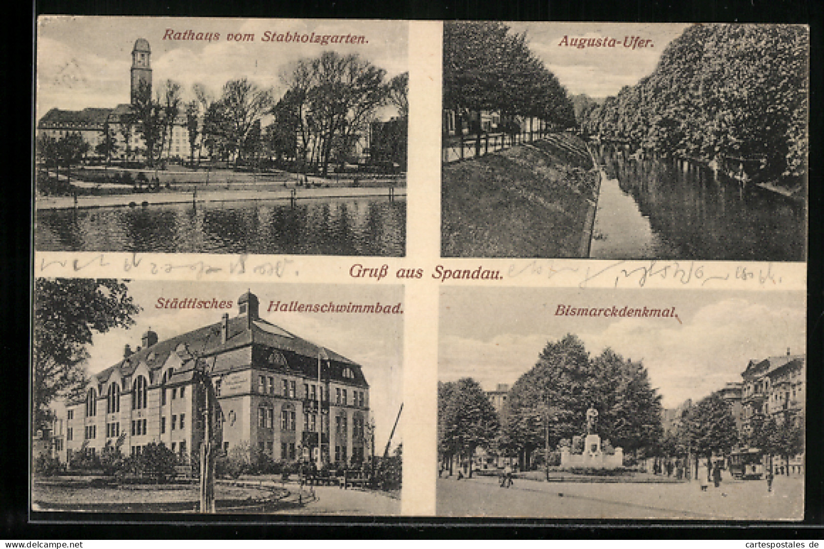 AK Berlin-Spandau, Rathaus, Städt. Hallenschwimmbad, Bismarckdenkmal  - Spandau