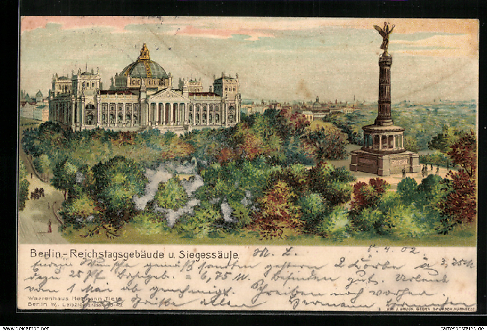 Lithographie Berlin, Reichstagsgebäude Und Siegessäule Aus Der Vogelschau  - Tiergarten