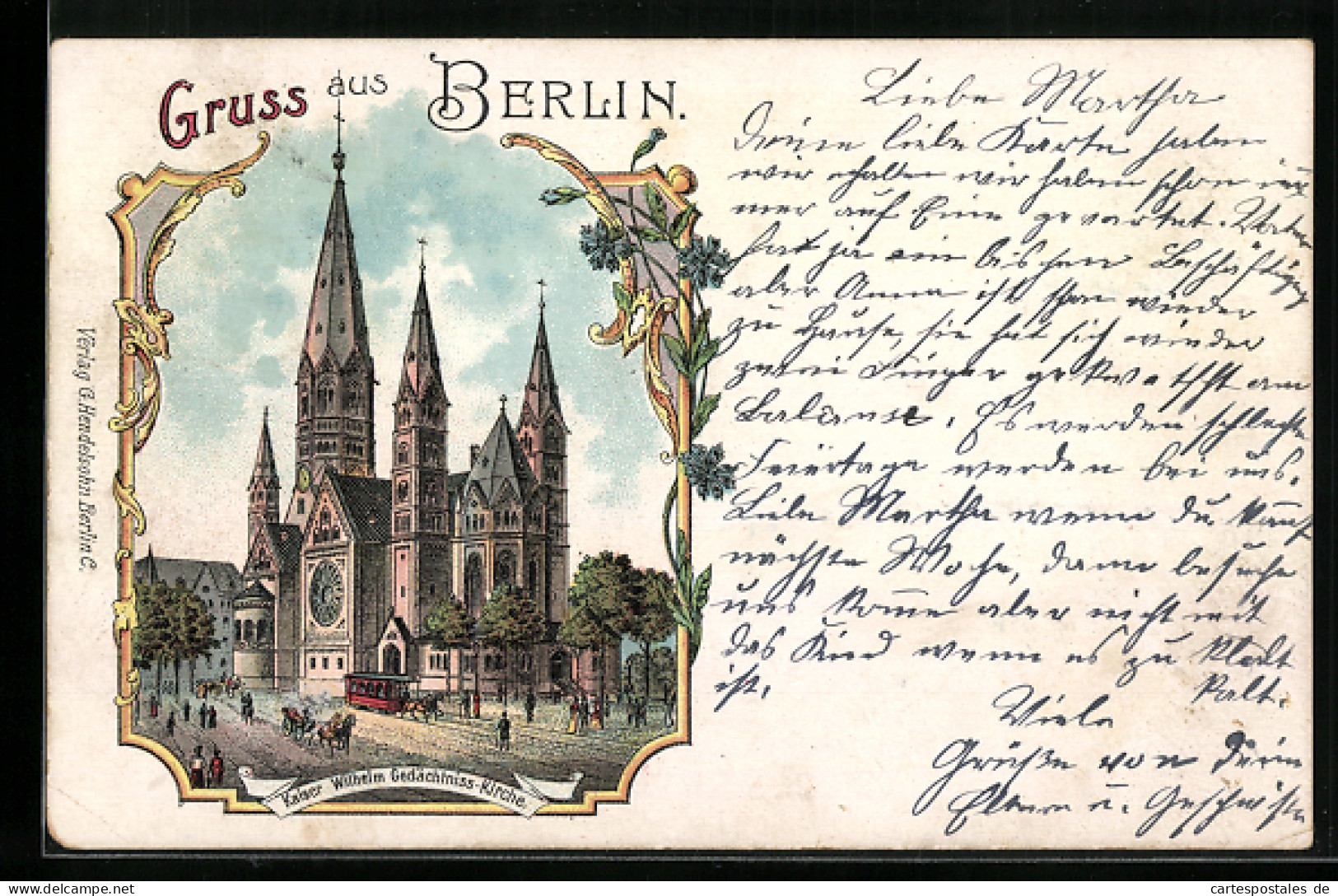 Lithographie Berlin-Charlottenburg, Kaiser Wilhelm Gedächtnis Kirche, Blumen  - Charlottenburg