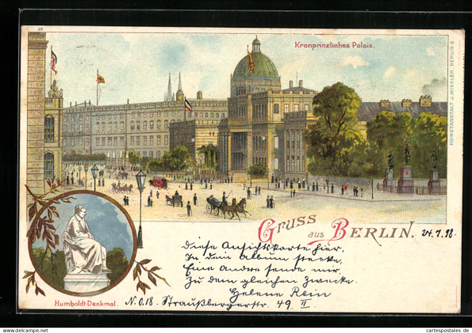 Lithographie Berlin, Kronprinzliches Palais, Humboldt-Denkmal  - Mitte