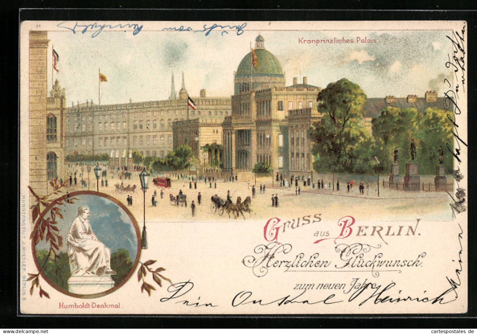Lithographie Berlin, Kronprinzliches Palais, Unter Den Linden, Humboldt-Denkmal  - Mitte