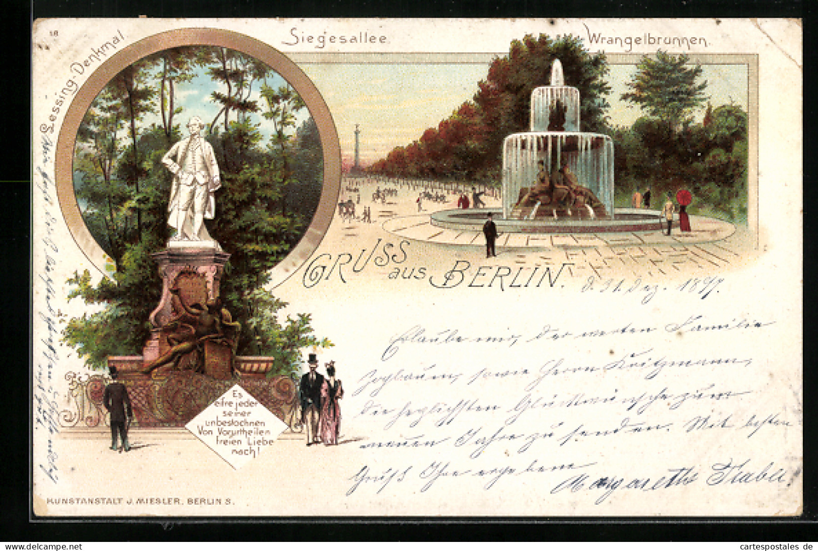 Lithographie Berlin-Tiergarten, Partie Am Wrangelbrunnen, Lessing-Denkmal  - Tiergarten