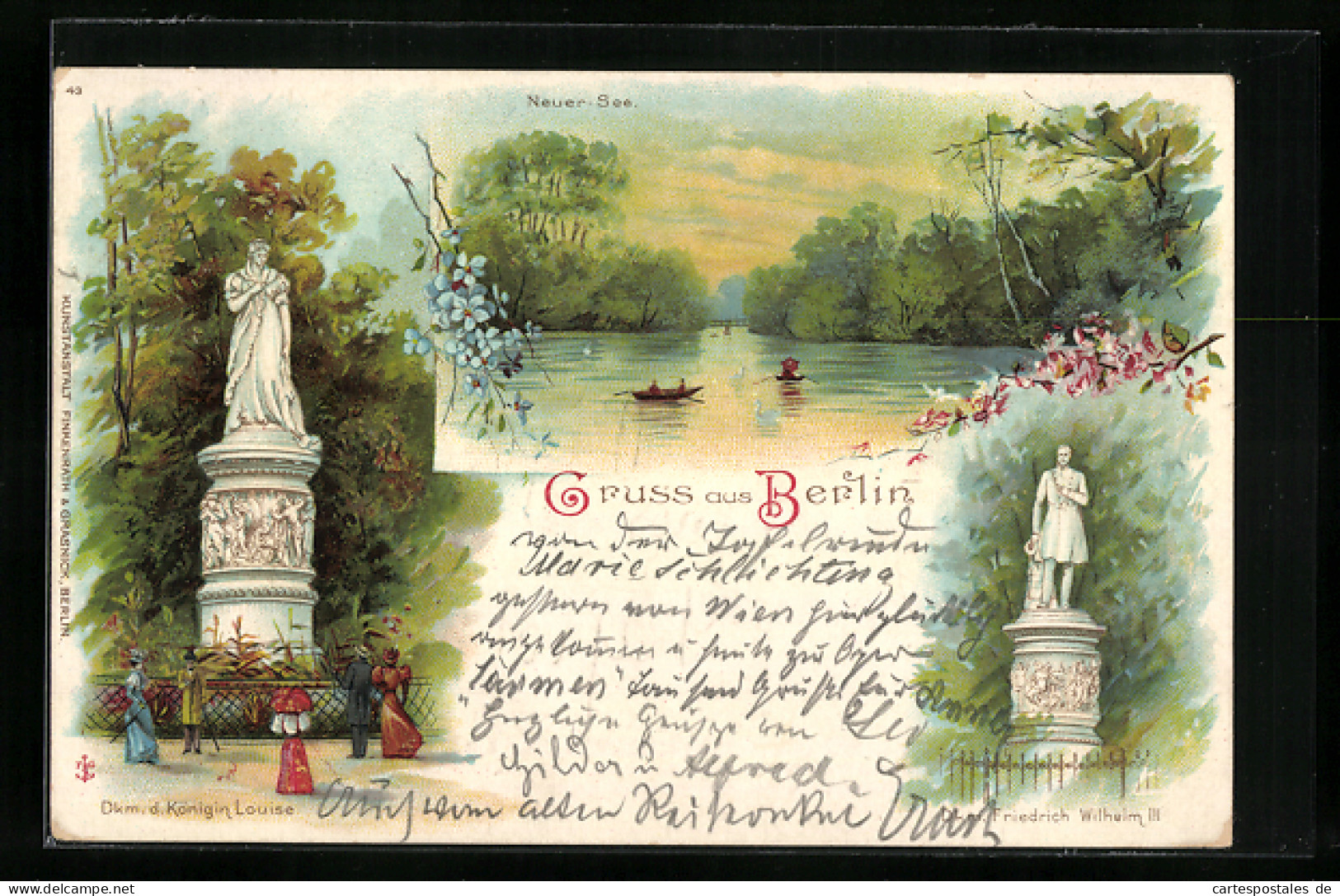 Lithographie Berlin-Tiergarten, Neuer See, Denkmal D. Königin Louise, Denkmal Friedrich Wilhelm III.  - Dierentuin