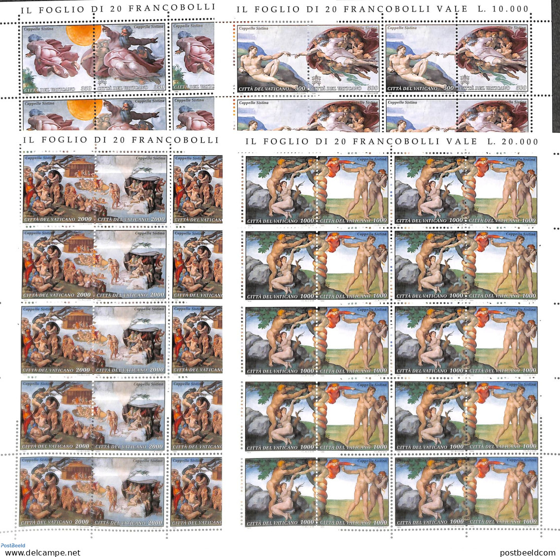 Vatican 1994 Sixtime Chapell 4 M/s (=10 Sets), Mint NH, Art - Michelangelo - Paintings - Nuovi